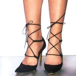 Manolo Blahnik lace up suede pointed toe stiletto heel, size 40